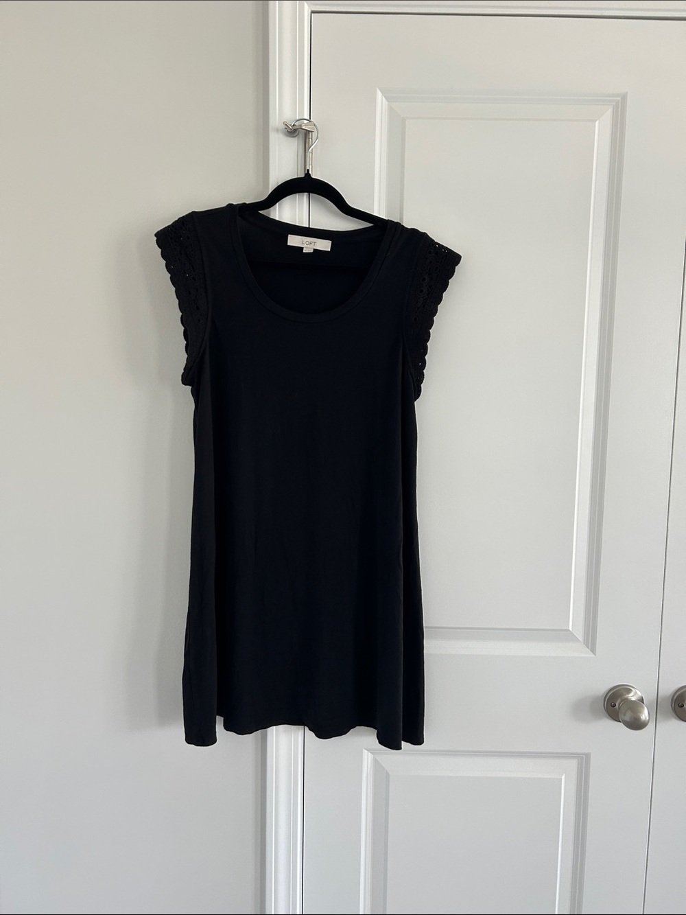 LOFT Black Mini Dress with Crochet Cap Sleeves